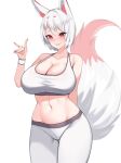  1girl animal_ear_fluff animal_ears arm_behind_back bare_shoulders breasts cleavage closed_mouth collarbone colored_tips commentary_request copyright_request cowboy_shot crotch_seam eyebrows_visible_through_hair fox_ears fox_girl fox_tail groin halter_top halterneck highres huge_breasts kuavera large_tail looking_at_viewer midriff mole mole_under_eye navel orange_eyes pants pink_tail short_hair simple_background skin_tight solo spandex sportswear sweatband tail tail_raised tank_top taut_clothes two-tone_fur white_background white_hair white_pants white_tail white_tank_top wristband 