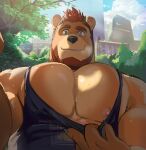  1boy animal_ears bara bare_pectorals bear_boy bear_ears beard blue_tank_top breath brown_fur bursting_pectorals cityscape clothes_pull facial_hair furry highres large_pectorals looking_at_viewer male_focus mature_male muscular muscular_male nipples original pectoral_focus pectorals saltypoundcake shirt_pull short_hair sidepec smile solo sweat tank_top thick_eyebrows upper_body 