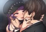  1boy 1girl bangs black_hair black_headwear black_mask black_nails blush chain diagonal_bangs ear_piercing erere french_kiss hat hetero idolmaster idolmaster_shiny_colors kiss long_hair long_sleeves mask mask_pull mouth_mask piercing purple_eyes purple_hair solo_focus tanaka_mamimi tongue tongue_out watch wristwatch 