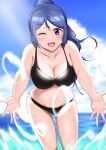 1girl bikini black_bikini blue_hair blue_sky breasts cloud collarbone cowboy_shot day eyebrows_visible_through_hair highres large_breasts leaning_forward long_hair looking_at_viewer love_live! love_live!_sunshine!! matsuura_kanan navel noichi513 ocean open_hands outstretched_arms ponytail purple_eyes sidelocks skindentation sky solo splashing sunlight swimsuit water water_drop wet 