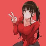  1girl :| bangs between_legs breasts brown_hair cleavage closed_mouth hand_between_legs hand_up highres jun_(seojh1029) large_breasts long_hair long_sleeves looking_at_viewer original pants red_background red_eyes red_shirt shirt sidelocks simple_background sitting solo twintails v v-neck 