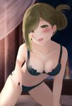  1girl blonde_hair blush bra breasts cleavage collarbone eyebrows_visible_through_hair green_bra green_panties highres idolmaster idolmaster_shiny_colors indoors long_hair looking_at_viewer nanakusa_hazuki navel on_bed panties smile solo tsukiyono underwear yellow_eyes 