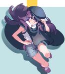  1girl belt black_headwear ershisi full_body grey_shorts hand_on_hip hat highres kuizhi_(the_legend_of_luoxiaohei) long_hair purple_footwear purple_hair shadow shirt shoes shorts sleeveless sleeveless_shirt solo the_legend_of_luo_xiaohei white_belt 