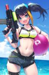  1girl :d aqua_eyes ball bare_arms beachball black_hair black_shorts blue_sky breasts cowboy_shot crop_top day displayer fang fukai_ryosuke gradient_clothes halter_top halterneck highleg highres holding long_hair looking_at_viewer medium_breasts midriff multicolored_hair navel ocean open_mouth outdoors rinka_raizenbain short_shorts shorts side_slit sidelocks sky sleeveless smile solo standing stomach streaked_hair thick_thighs thigh_strap thighs virtual_youtuber water_gun wet 