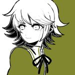  1boy bangs black_ribbon closed_mouth commentary_request danganronpa:_trigger_happy_havoc danganronpa_(series) eyebrows_visible_through_hair flipped_hair fujisaki_chihiro jacket kiri_(2htkz) male_focus monochrome neck_ribbon otoko_no_ko ribbon short_hair simple_background solo 