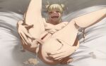  1girl after_anal after_sex anus areolae ass bags_under_eyes bangs bed_sheet blonde_hair blunt_bangs blush_stickers boku_no_hero_academia breasts breasts_apart clone completely_nude condom cum cum_in_ass cum_pool cumdrip double_bun english_commentary fangs feet_out_of_frame female_pubic_hair gaping hands_on_own_ass highres kasseus_maximus kneepits legs_up looking_at_viewer lying medium_breasts messy_hair mismatched_pubic_hair nipples nude on_back pointless_condom pubic_hair pussy short_hair slime_(substance) solo spread_anus spread_ass spread_legs sweat toga_himiko uncensored used_condom yellow_eyes 