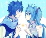  1boy 1girl akiyoshi_(tama-pete) animal_ears bangs bare_shoulders blue_background blue_eyes blue_hair blue_nails blue_neckwear blue_scarf blue_theme cat_ears close-up closed_mouth coat collared_shirt detached_sleeves eye_contact eyelashes face-to-face fingernails grey_shirt hair_between_eyes hand_up hatsune_miku high_collar index_finger_raised kaito_(vocaloid) kemonomimi_mode long_hair looking_at_another necktie number_tattoo pale_skin parted_lips scarf shiny shiny_skin shirt shoulder_tattoo simple_background sleeveless sleeveless_shirt smile tareme tattoo twintails two-tone_background upper_body very_long_hair vocaloid white_background white_coat 