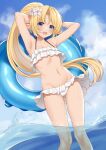  1girl :d armpits arms_up ass_visible_through_thighs bangs bikini bikini_skirt blonde_hair blue_eyes blue_sky blush cloud collarbone day elf enjou_kouhai_oshiego_wa_elf_ryuu_ningyo_jinrou eyebrows_visible_through_hair feet_out_of_frame flat_chest flower hair_flower hair_ornament high_ponytail highres innertube iris_(takunomi) long_hair looking_at_viewer navel open_mouth original outdoors parted_bangs pointy_ears sky smile solo standing stomach swimsuit takunomi very_long_hair wading water white_bikini white_flower 