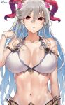  1girl alternate_costume bare_shoulders bikini blue_hair breasts curled_horns fire_emblem fire_emblem_heroes freyja_(fire_emblem) goat_horns grey_hair hair_between_eyes haru_(nakajou-28) highres horns large_breasts long_hair looking_at_viewer multicolored_hair navel official_alternate_costume red_eyes red_horns simple_background solo stomach swimsuit twitter_username two-tone_hair upper_body very_long_hair wet white_background white_bikini white_swimsuit 