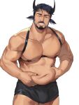  1boy animal_ears bara beard belly_grab black_male_underwear boxers bulge chest_harness cow_boy cow_ears cow_horns dark-skinned_male dark_skin earrings facial_hair harness horns jewelry judo-kun_(saiberseks) large_pectorals looking_at_viewer male_focus male_underwear mature_male muscular muscular_male navel navel_hair nipples one_eye_closed original pectorals plump short_hair smile solo stomach thick_thighs thighs underwear underwear_only weight_conscious work_in_progress 