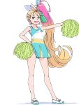  1girl :d akinbo_(hyouka_fuyou) blonde_hair bow brown_eyes cheerleader cure_summer dress earrings floating_hair full_body gradient_hair hair_bow hand_on_hip high_ponytail holding jewelry long_hair multicolored_hair open_mouth pink_hair pleated_dress pom_pom_(cheerleading) precure shiny shiny_hair short_dress side_ponytail simple_background sleeveless sleeveless_dress smile solo standing streaked_hair tropical-rouge!_precure very_long_hair white_background white_bow white_footwear 