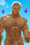  1boy abs bara bare_pectorals beard beckoning cowboy_shot dagon_(tokyo_houkago_summoners) dark-skinned_male dark_skin facial_hair fins grey_hair highres hinokumo_f large_pectorals long_sideburns male_focus male_swimwear mature_male muscular muscular_male navel nipples pectorals short_hair sideburns smile solo sparkle stomach stubble swim_briefs thick_thighs thighs tokyo_houkago_summoners wet white_male_swimwear 