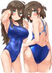  2girls armpits ass back bangs bare_shoulders blue_swimsuit blush breasts brown_hair collarbone covered_navel green_eyes highleg highleg_swimsuit large_breasts long_hair looking_at_viewer looking_back mamedenkyuu_(berun) mole multiple_girls one-piece_swimsuit original parted_lips short_hair small_breasts swimsuit thighs 