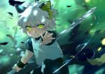  1boy animal_ears blurry blurry_background cat_boy cat_ears child green_eyes highres holding holding_sword holding_weapon leaf looking_at_viewer luoxiaohei rrr_(reason) scar shirt short_hair short_sleeves solo sword the_legend_of_luo_xiaohei upper_body weapon white_hair white_shirt 