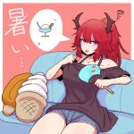  1girl alternate_costume alternate_hairstyle arknights casual demon_girl demon_horns fan food highres holding horns ice_cream kakiyokan long_hair off-shoulder_shirt off_shoulder ponytail purple_eyes red_eyes shirt shorts solo stuffed_toy surtr_(arknights) tongue tongue_out 