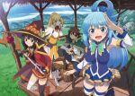  1boy 3girls aqua_(konosuba) artist_request asymmetrical_legwear bandaged_leg bandages belt_buckle black_cape blonde_hair blue_eyes blue_hair blue_sky boots bow bowtie breasts brown_hair buckle button_eyes cape closed_eyes collarbone collared_cape commentary_request darkness_(konosuba) day detached_sleeves dress fingerless_gloves gem gloves green_eyes hair_rings hat holding holding_staff knee_up kono_subarashii_sekai_ni_shukufuku_wo! long_hair looking_at_viewer medium_breasts megumin mismatched_legwear mountainous_horizon multiple_girls neck_ribbon official_art open_mouth outdoors ponytail red_dress red_eyes ribbon satou_kazuma shiny shiny_hair short_hair short_hair_with_long_locks sidelocks single_thighhigh sitting sky sleeveless small_breasts staff standing sword symbol_commentary thighhighs weapon wing_collar witch_hat 