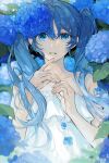  1girl bangs bare_arms blue_eyes blue_flower blue_hair blue_theme chromatic_aberration collarbone colored_eyelashes dappled_sunlight dot_nose dress eyebrows_visible_through_hair eyelashes fingernails flat_chest floating_hair flower frilled_dress frills glowing hair_between_eyes hands_up hatsune_miku highres hydrangea layered_dress leaf light_particles long_hair looking_at_viewer makoto_(roketto-massyumaro) motion_blur parted_lips solo strapless strapless_dress sunlight tareme twintails upper_body very_long_hair vocaloid white_dress wide-eyed 