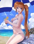  1girl beach bikini blue_eyes blush breasts brown_hair cleavage drink eyebrows_visible_through_hair hair_ornament hair_ribbon large_breasts long_hair looking_at_viewer looking_to_the_side lyrical_nanoha mahou_shoujo_lyrical_nanoha_strikers navel ocean open_mouth outdoors ponytail ribbon shiny shiny_hair side_ponytail smile solo sougetsu_izuki swimsuit takamachi_nanoha umbrella white_bikini 