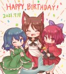  3girls :d ;) ^_^ animal_ear_fluff animal_ears arinu black_footwear black_shirt blue_eyes blue_hair brooch cloak closed_eyes closed_mouth confetti dated dress eyebrows_visible_through_hair fang frilled_kimono frills grass_root_youkai_network green_kimono hands_together happy_birthday hat head_fins highres holding holding_clothes holding_hat imaizumi_kagerou japanese_clothes jewelry kimono long_sleeves looking_at_viewer mermaid monster_girl multicolored multicolored_clothes multicolored_dress multiple_girls one_eye_closed open_mouth party_hat red_dress red_eyes red_hair red_skirt sekibanki shirt short_hair simple_background skirt smile standing touhou two-tone_dress wakasagihime white_dress wolf_ears 