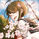  1girl ahoge bangs black_sailor_collar blurry blurry_background blurry_foreground blush brown_eyes brown_hair cherry_blossoms commentary_request danganronpa_(series) danganronpa_another_episode:_ultra_despair_girls day depth_of_field flower kiri_(2htkz) looking_at_viewer naegi_komaru one_eye_closed open_mouth outdoors petals pink_flower sailor_collar school_uniform serafuku shirt short_hair solo teeth tree_branch upper_body white_shirt 