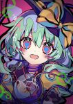  1girl artist_name bangs black_collar black_headwear blue_hair blush bow collar eyebrows_visible_through_hair frills green_hair hair_between_eyes hat hat_bow heart heart-shaped_pupils heart_in_eye highres komeiji_koishi kyouda_suzuka looking_at_viewer multicolored multicolored_hair open_mouth pink_background pink_eyes pink_heart puffy_short_sleeves puffy_sleeves purple_neckwear shirt short_hair short_sleeves simple_background smile solo symbol-shaped_pupils symbol_in_eye t-shirt third_eye touhou twitter_username wavy_hair yellow_bow yellow_shirt yellow_sleeves 