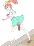  1girl :d akinbo_(hyouka_fuyou) aqua_sailor_collar aqua_skirt bow brown_footwear brown_hair dutch_angle floating_hair full_body green_eyes hair_bow loafers long_hair looking_at_viewer looking_back miniskirt natsuumi_manatsu open_mouth pink_neckwear pleated_skirt precure school_uniform serafuku shiny shiny_hair shirt shoes short_sleeves simple_background skirt smile solo stairs standing standing_on_one_leg tropical-rouge!_precure white_background white_legwear white_shirt yellow_bow 