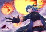  1girl bangs belt black_gloves black_shorts blue_coat blue_eyes blue_hair boku_no_edamame brown_belt coat constricted_pupils dark_persona eyebrows_visible_through_hair fire gloves hair_between_eyes hair_ribbon highres hololive hoshimachi_suisei jewelry long_hair meteor midriff navel necklace open_clothes open_coat outstretched_arm partially_fingerless_gloves ribbon short_shorts shorts side_ponytail sky solo stomach virtual_youtuber 