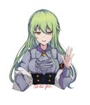  1girl :d bangs benghuai_xueyuan blue_shirt character_request green_hair hair_between_eyes hand_up honkai_(series) long_hair long_sleeves looking_at_viewer open_mouth q-pra shirt simple_background smile solo white_background yellow_eyes 