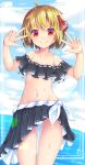  1girl ahoge blonde_hair closed_mouth cloud cloudy_sky commentary_request cowboy_shot day double_w dutch_angle fang fisheye flat_chest hair_ribbon highres horizon navel outdoors red_eyes red_ribbon ribbon rumia short_hair skin_fang sky smile solo tagme touhou uumaru w 