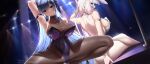  2girls animal_ears arm_up armband armpits ass azur_lane bangs blue_eyes blue_hair bodystocking braid breasts bunny_ears cameltoe choker cleavage collar crossed_legs fouriasensei from_behind highres illustrious_(azur_lane) large_breasts leotard looking_at_viewer looking_to_the_side multiple_girls naughty_face navel new_jersey_(azur_lane) pantyhose playboy_bunny plump pole_dancing seductive_smile see-through see-through_legwear sideboob skin_tight skindentation smile spread_legs squatting stripper stripper_pole thick_thighs thighs white_hair 