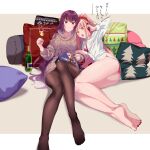  2girls alternate_costume aran_sweater bangs barefoot beige_sweater black_legwear bottle bra cellphone champagne_flute character_doll closed_mouth contemporary cu_chulainn_(fate)_(all) cu_chulainn_alter_(fate/grand_order) cup dot_nose dress dress_shirt drinking_glass eyebrows_visible_through_hair fate/grand_order fate_(series) full_body holding holding_cup holding_phone legs long_hair long_sleeves looking_at_object medb_(fate) medb_(fate)_(all) multiple_girls no_pants open_mouth panties pantyhose partially_unbuttoned phone pillow pink_hair pink_panties ponytail purple_hair reclining red_bra red_eyes red_nails scathach_(fate) scathach_(fate)_(all) shiny shiny_hair shirt sitting sweater sweater_dress toenail_polish translated tree_print turtleneck turtleneck_dress turtleneck_sweater underwear very_long_hair white_shirt wine_bottle yasutada43 yellow_eyes 