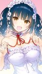  1girl bare_shoulders blue_hair bow breasts choker cleavage collarbone dress flower gradient_hair hair_flower hair_ornament hairband highres holding holding_ribbon lolita_hairband looking_at_viewer medium_breasts medium_hair multicolored_hair natsuno_io nijisanji open_mouth red_ribbon ribbon short_sleeves solo twintails upper_body white_bow white_dress white_hairband yamagami_karuta yellow_eyes 
