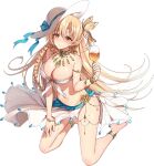  1girl anklet bangle bangs barefoot bikini bison_cangshu blonde_hair blush bracelet braid breasts butterfly_hair_ornament cleavage cup earrings front-tie_bikini front-tie_top full_body hair_ornament hat holding holding_cup iron_saga jewelry kneeling large_breasts long_hair looking_at_viewer nose_blush official_art sarong side_braid smile solo sparkle sweat swimsuit tilted_headwear transparent_background vanessa_(iron_saga) very_long_hair white_bikini white_headwear yellow_eyes 
