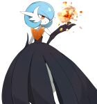  1girl absurdres alternate_color bangs bare_shoulders black_dress black_gloves blue_hair blush bob_cut colored_skin commentary_request dress elbow_gloves fire flat_chest gardevoir gen_3_pokemon gloves hair_over_one_eye hand_up highres light_blush mega_gardevoir mega_pokemon open_mouth orange_eyes pokemon pokemon_(creature) pyrokinesis senju_(snz0) shiny shiny_hair shiny_pokemon short_hair sideways_mouth simple_background solo standing strapless strapless_dress white_background white_skin 