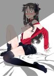  1girl absurdres against_wall black_hair black_legwear black_skirt breasts crying fate_(series) green_eyes hair_ribbon highres imminent_rape kurai_nao looking_at_viewer medium_breasts on_bed perky_breasts ribbon ribs scared skirt solo thighhighs tohsaka_rin torn_clothes two_side_up 