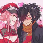  1boy 1girl alluring_chief_warden_look alternate_hairstyle black_coat black_hair blush breasts cleavage coat elbow_gloves fate/grand_order fate_(series) gloves gradient gradient_background hair_over_one_eye hand_on_another&#039;s_shoulder hat heart heart_background jest_ht90 looking_at_another looking_at_viewer medb_(fate) medb_(fate)_(all) medium_breasts messy_hair nervous okada_izou_(fate) orange_scarf peaked_cap pink_background pink_hair ponytail red_gloves red_headwear scarf short_hair sidelocks smile sweat upper_body wide-eyed yellow_eyes 