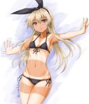  1girl akimoto_dai artist_name bikini black_swimsuit blonde_hair commentary_request cowboy_shot dark-skinned_female dark_skin grey_eyes highres kantai_collection long_hair looking_at_viewer lowleg lowleg_bikini one-hour_drawing_challenge outstretched_arms shimakaze_(kancolle) side-tie_bikini solo swimsuit tan tanlines 