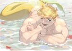  1boy bangs bara blonde_hair blush completely_nude granblue_fantasy highres looking_at_viewer lying male_focus merman migi_(mm86262394) monster_boy monsterification muscular muscular_male nude on_stomach one_eye_closed partially_submerged short_hair sideburns smile solo undercut vane_(granblue_fantasy) 