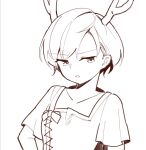  1girl bangs dragon_horns greyscale highres horns kauchipoteto kicchou_yachie looking_at_viewer monochrome shirt short_hair short_sleeves simple_background solo tagme touhou upper_body white_background 