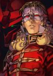  1boy blonde_hair full_frontal glowing glowing_eye gundam gundam_unicorn hungry_clicker lips mask mecha medium_hair red_uniform sinanju traditional_media uniform zeon 