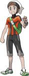  1boy artist_request backpack bag beanie bracelet brendan_(pokemon) brown_hair capri_pants clenched_hand full_body green_bag grey_eyes grin hand_up hat highres holding holding_poke_ball jewelry male_focus official_art orange_shirt pants poke_ball poke_ball_(basic) poke_ball_print pokemon pokemon_(game) pokemon_oras shirt shoes short_hair short_sleeves skin_tight smile solo standing teeth transparent_background white_footwear white_headwear zipper_pull_tab 