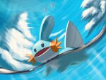  black_eyes cloud commentary_request creature day fkinoee gen_3_pokemon highres mudkip no_humans open_mouth outdoors partially_underwater_shot pokemon pokemon_(creature) sky starter_pokemon water 