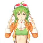  1girl breasts cleavage collarbone commentary crop_top goggles goggles_on_head green_eyes green_hair gumi headphones highres jacket looking_at_viewer medium_breasts miura-n315 neckerchief open_clothes open_jacket orange_jacket simple_background smile solo suspenders underboob vocaloid white_background 