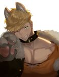  1boy animal_ears backlighting bangs bara blonde_hair blush collar granblue_fantasy green_eyes head_tilt highres large_pectorals looking_at_viewer male_cleavage male_focus migi_(mm86262394) muscular muscular_male official_alternate_costume one_eye_closed paws pectorals portrait short_hair sideburns smile smirk solo spiked_collar spikes undercut upper_body vane_(granblue_fantasy) wolf_boy wolf_ears 