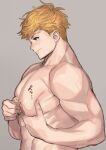  1boy abs bandaid bandaids_on_nipples bangs bara blonde_hair completely_nude from_side grabbing granblue_fantasy highres large_pectorals male_focus migi_(mm86262394) muscular muscular_male nipples nude pasties pectoral_grab pectorals self_fondle short_hair sideburns smile solo translation_request undercut vane_(granblue_fantasy) 
