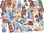  1boy 5girls ahoge alcohol all_fours aqua_(konosuba) arm_support armor armpits bandaged_leg bandages beer_mug blonde_hair blue_eyes blue_footwear blue_hair blue_legwear blue_shirt blue_skirt blush bodystocking boots bottle breasts brown_cape brown_eyes brown_gloves brown_hair cape clenched_hands cloak closed_eyes crying cup darkness_(konosuba) detached_sleeves dress fingerless_gloves gloves hair_ornament hair_over_one_eye hair_rings hands_on_hips hat high_ponytail holding holding_bottle holding_sword holding_weapon kneeling kono_subarashii_sekai_ni_shukufuku_wo! large_breasts long_hair looking_to_the_side looking_up low_tied_hair lying megumin mug multiple_girls naked_towel nude on_stomach open_mouth outstretched_arm ponytail red_cloak red_dress red_eyes robe satou_kazuma shima_(landsuzume) shirt short_hair short_hair_with_long_locks sidelocks single_thighhigh skirt sleeveless sleeveless_shirt smile sword thigh_boots thighhighs thighhighs_under_boots thighs tongue tongue_out towel tying_hair weapon white_background white_towel witch_hat wiz_(konosuba) x_hair_ornament yunyun_(konosuba) 