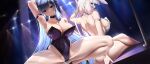  2girls animal_ears arm_up armband armpits ass azur_lane bangs bare_back bare_hips bare_legs bare_shoulders blue_eyes blue_hair braid breasts bunny_ears cameltoe choker cleavage collar covered_navel crossed_legs fouriasensei from_behind highres illustrious_(azur_lane) large_breasts leotard looking_at_viewer looking_to_the_side multiple_girls naughty_face navel new_jersey_(azur_lane) playboy_bunny plump pole_dancing seductive_smile shiny shiny_skin sideboob skin_tight skindentation smile spread_legs squatting stripper stripper_pole thick_thighs thighs white_hair 