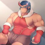  1boy bara bare_shoulders beard black-framed_eyewear broken_horn brown_shorts bulge christmas covered_abs dark_blue_hair demon_boy demon_horns facial_hair fang fiery_horns fur-trimmed_sleeves fur_trim glasses highres horns jewelry large_pectorals long_sideburns looking_at_viewer male_focus mature_male mono_(3436234) muscular muscular_male necklace nipple_slip nipples official_alternate_costume open_fly pectorals santa_costume short_hair shorts sideburns sidepec sitting smile solo stubble takemaru_(tokyo_houkago_summoners) thick_eyebrows thick_thighs thighs tokyo_houkago_summoners 
