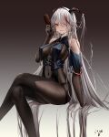  1girl absurdres aegir_(azur_lane) azur_lane bare_shoulders black_legwear blush bodystocking breasts cleavage crossed_legs earrings eyebrows_visible_through_hair food gloves grey_hair highres horns ice_cream jewelry large_breasts long_hair long_loye looking_at_viewer on_bed orange_eyes sitting sitting_on_bed solo thighs tongue tongue_out underboob 