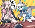  2girls :p absurdres animal animal_ears aqua_eyes aqua_hair ascot bare_arms bear_ears bike_shorts bike_shorts_under_skirt black_hair blowhole blue_hair brown_eyes closed_mouth coat common_dolphin_(kemono_friends) dolphin_tail dorsal_fin dress dutch_angle ezo_brown_bear_(kemono_friends) fins frilled_dress frills giant_squid green_hair grey_hair head_fins headband highres kanmoku-san kemono_friends kemono_friends_3 kneeling leaning_to_the_side long_hair looking_at_another medium_hair microskirt multicolored_hair multiple_girls one_knee open_clothes open_coat outstretched_arm sailor_collar shirt short_dress short_sleeves skirt smile squid sweat tail tail_fin tongue tongue_out torn_clothes torn_sleeves twintails twisted_torso very_long_hair white_hair 